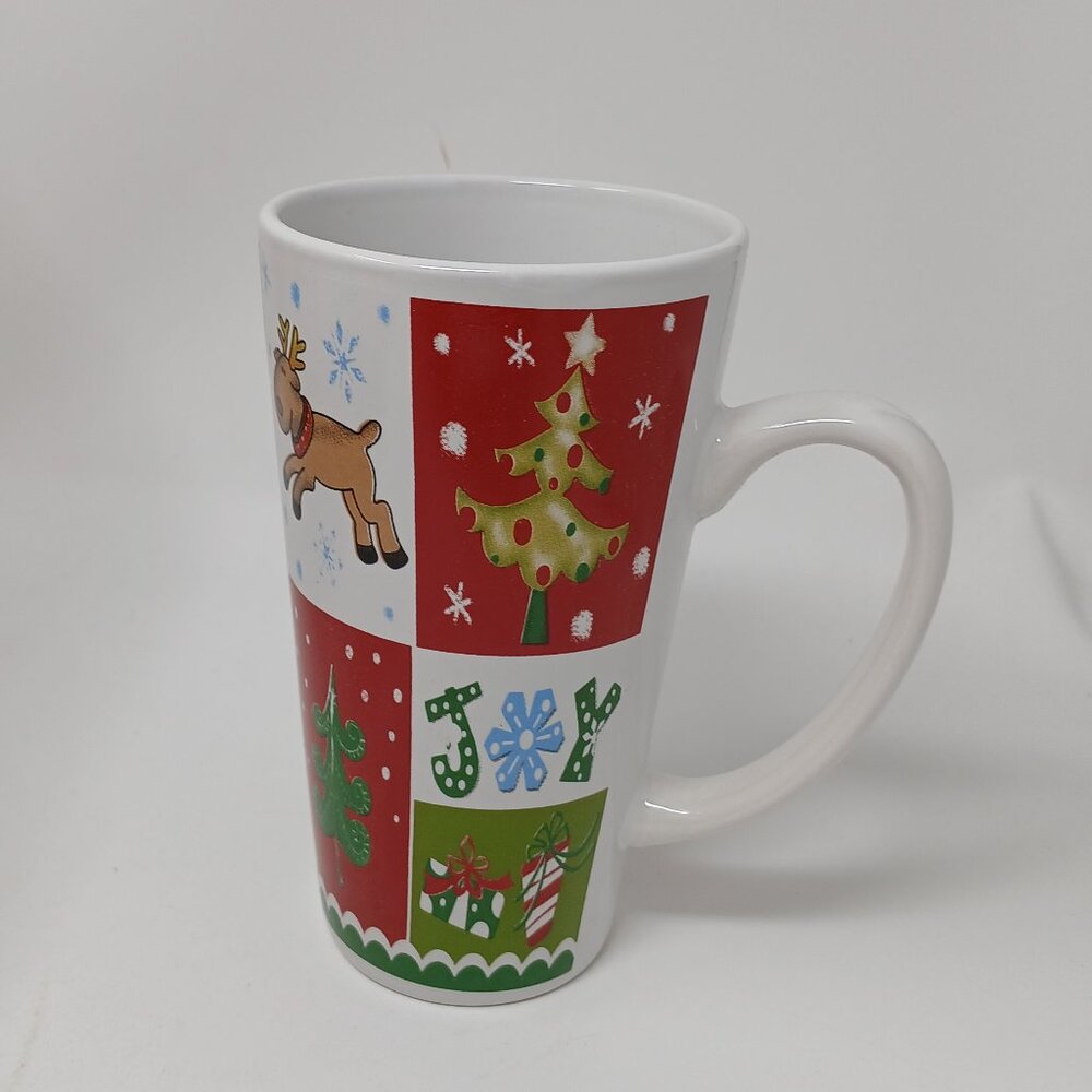 Joy Red & Green Christmas Ceramic Tall Latte Mug 16 oz Holiday Reindeer Design